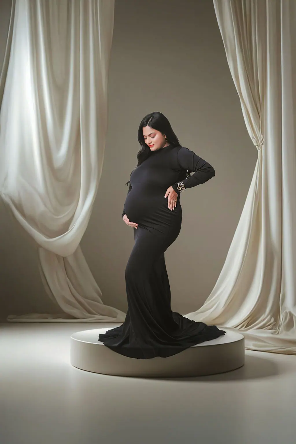 Expectant mother in a black long-sleeve gown on a round plinth between ivory drapes, maternity photoshoot at WonderBump Studio, Bengaluru