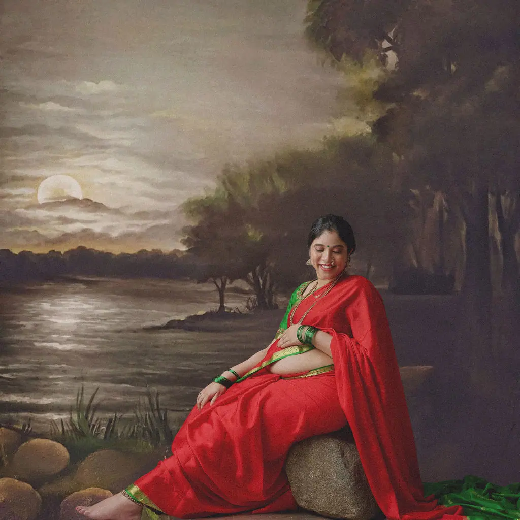 Expectant mother seated on a rock in a red and green saree, painted moonlit river backdrop, maternity photoshoot at WonderBump Studio, Bengaluru