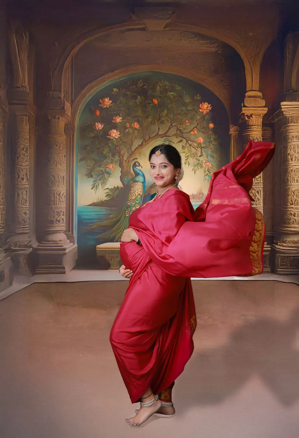 Expectant mother twirling a red silk saree before a painted peacock mural and carved arches, maternity photoshoot at WonderBump Studio, Bengaluru