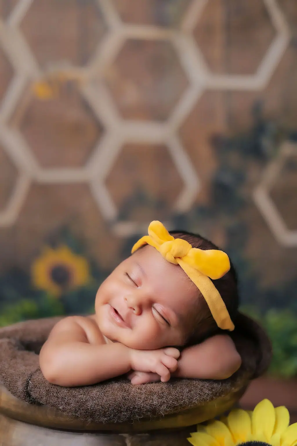 Smiling sleeping newborn in a wooden bowl before a painted honeycomb backdrop, newborn photoshoot at WonderBump Studio, Bengaluru